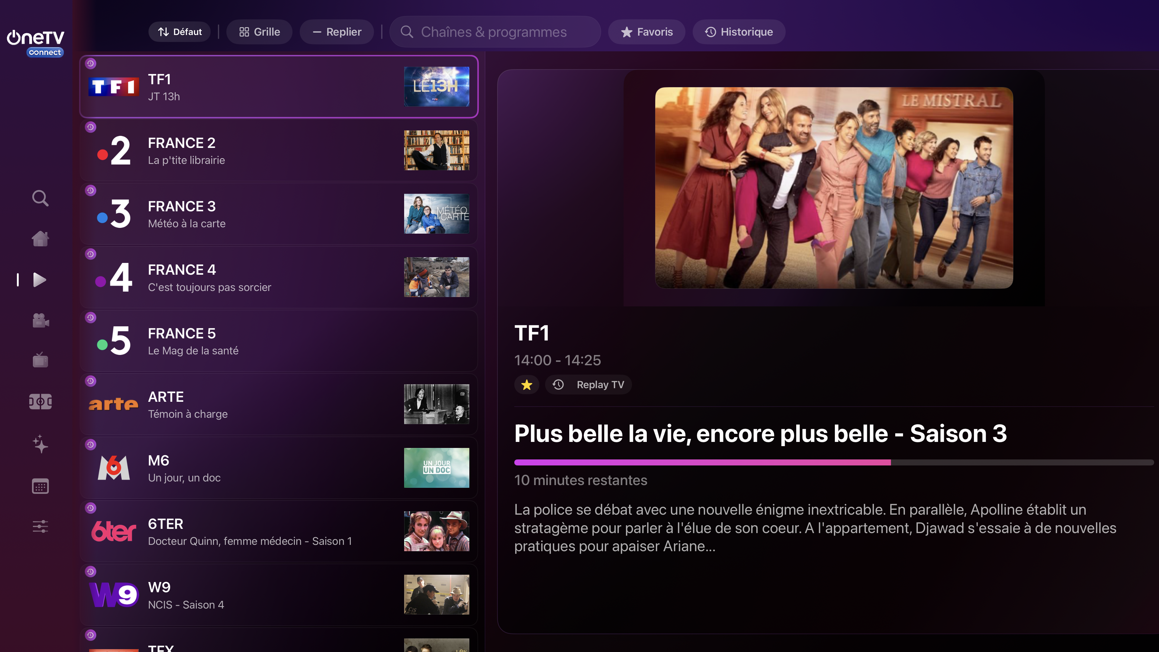 tvOS live channel list with EPG preview